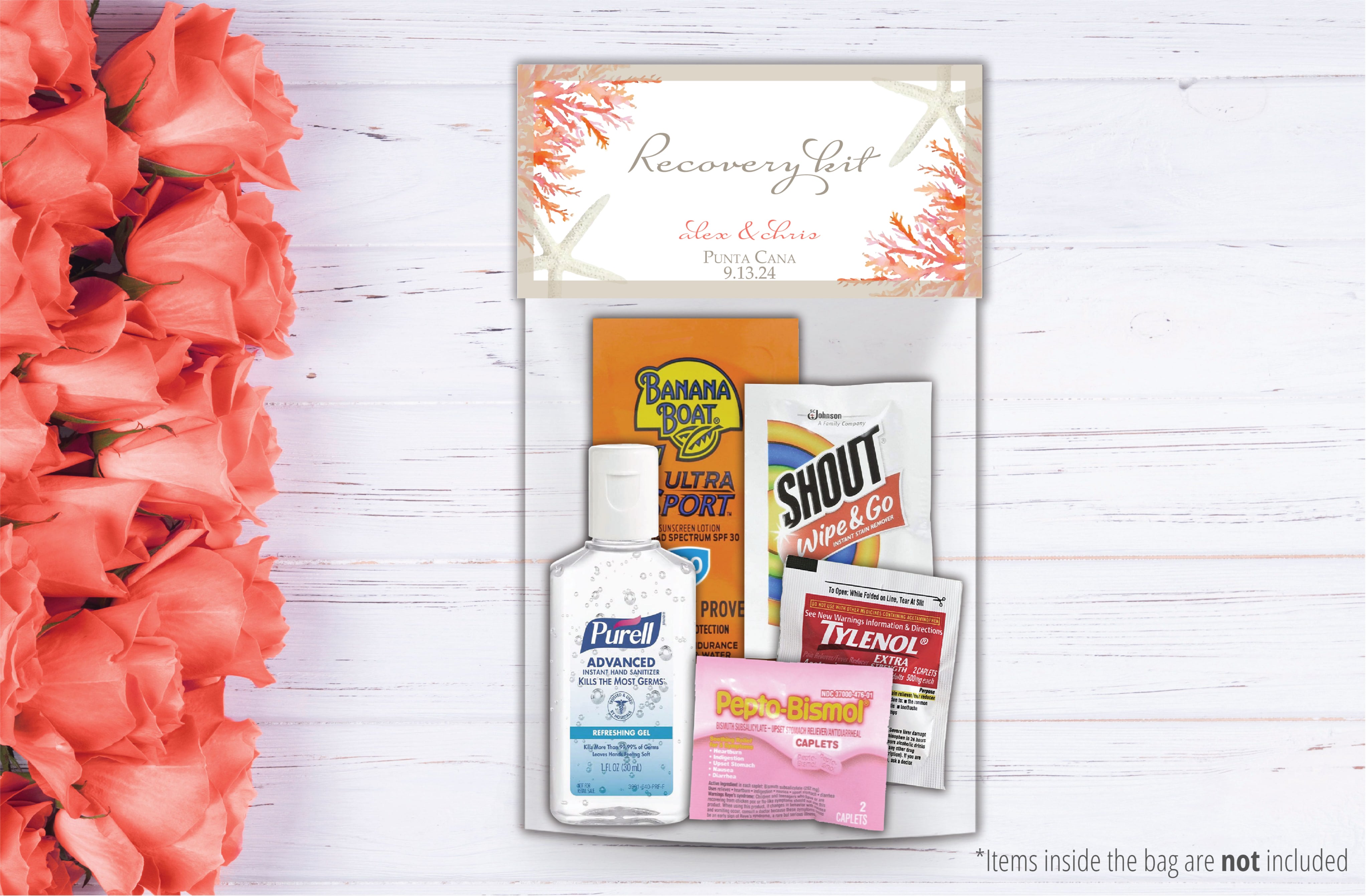 Personalized Wedding Hangover Recovery Kit Bag & Topper - Living Coral