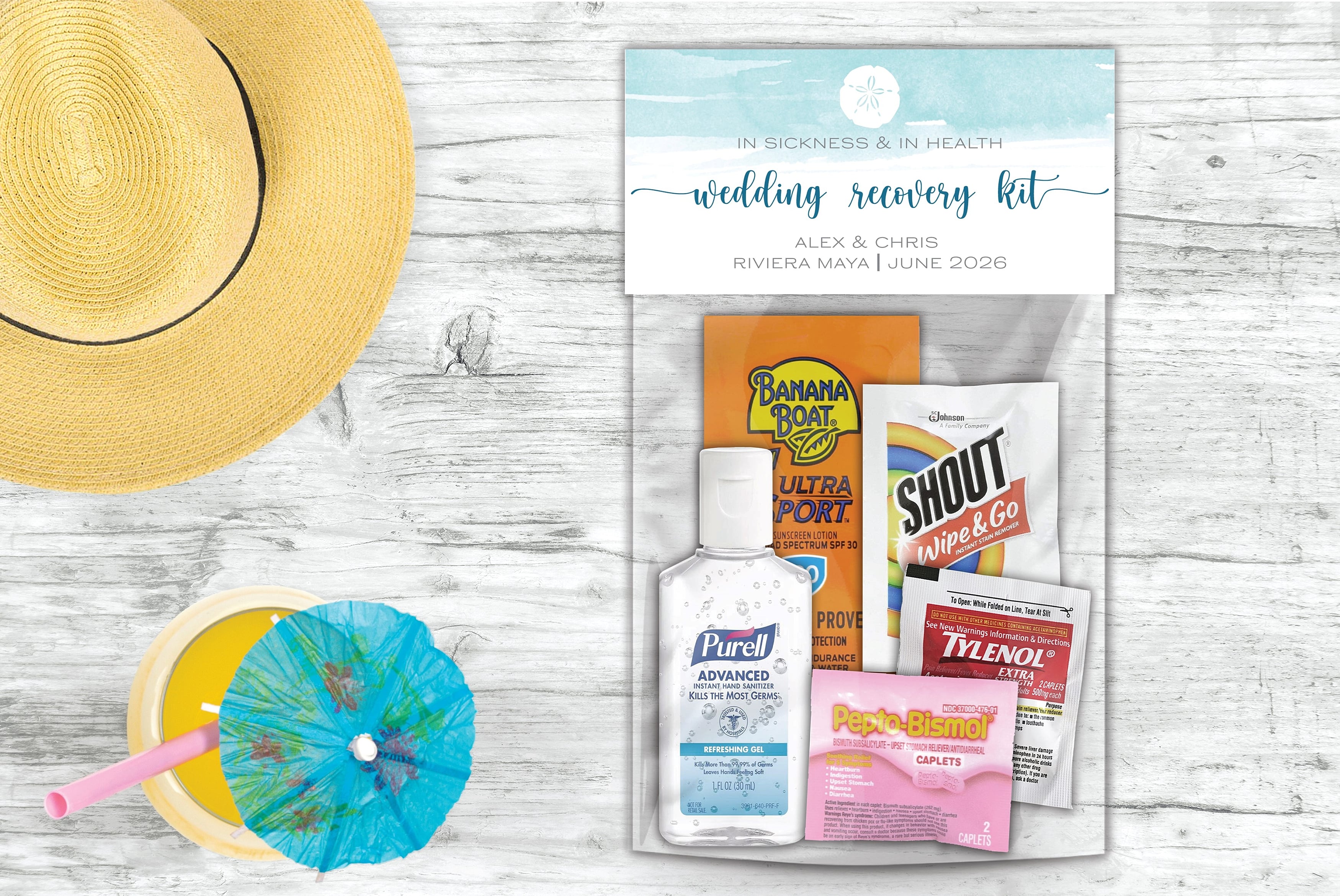 Beach wedding hangover kit topper and bag