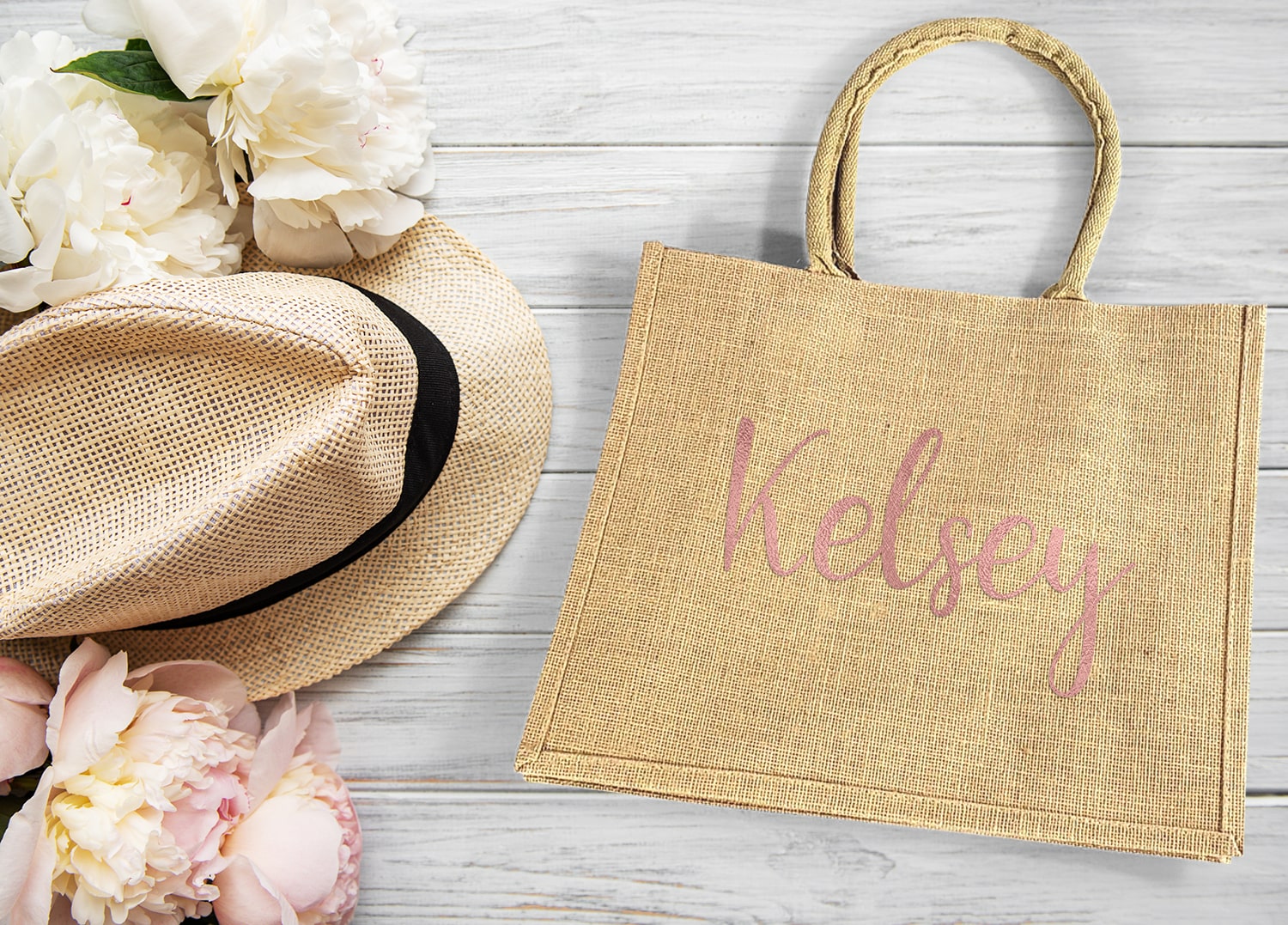 Burlap Wedding Welcome Bag personalized with rose gold name