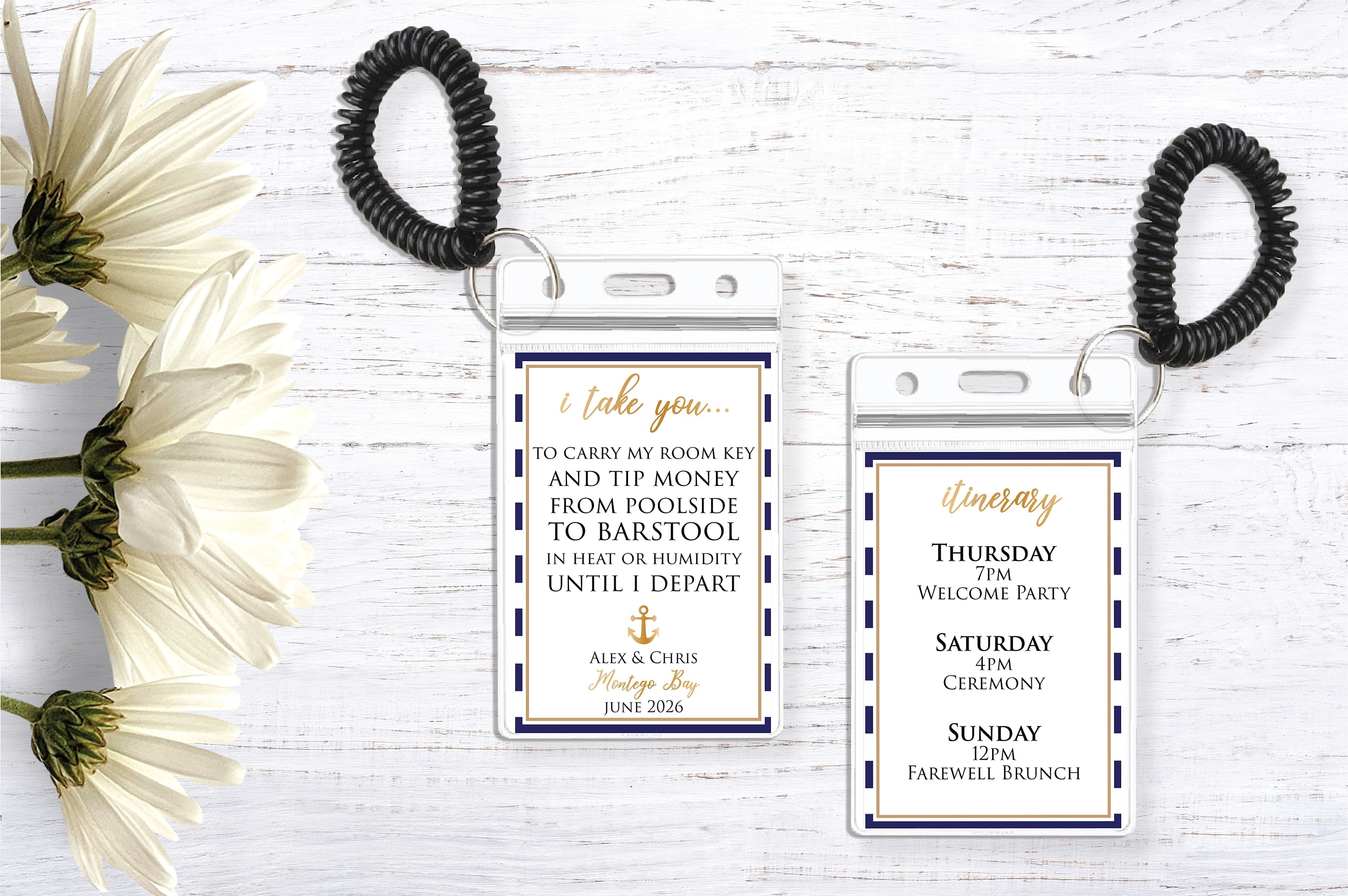 Nautical wedding resort room key card holder and itinerary