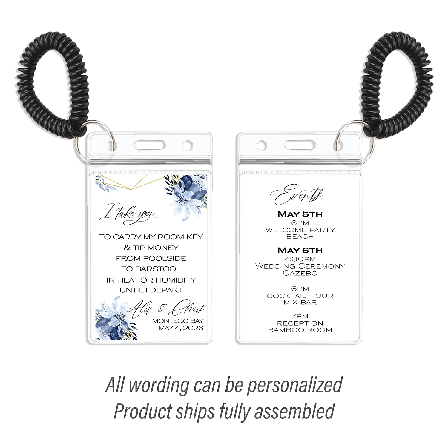 Personalized Destination Wedding Room Key Holder and Itinerary - Dainty Dusty Blue