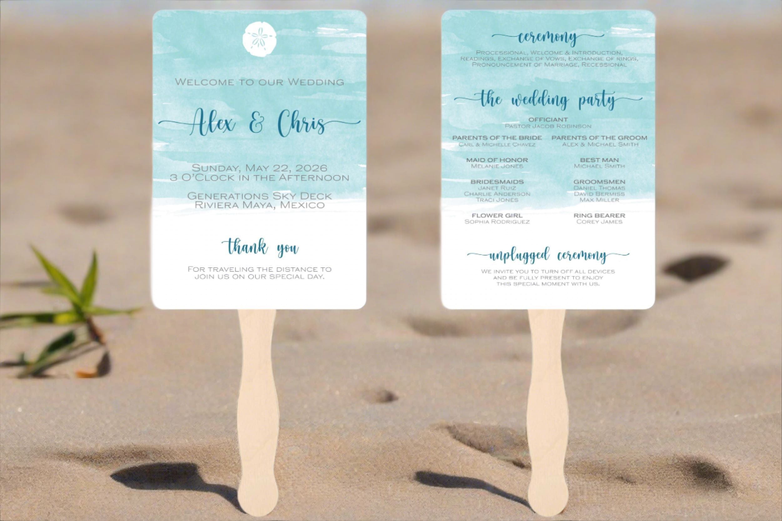 Beach Wedding Program Fans - Sand Dollar
