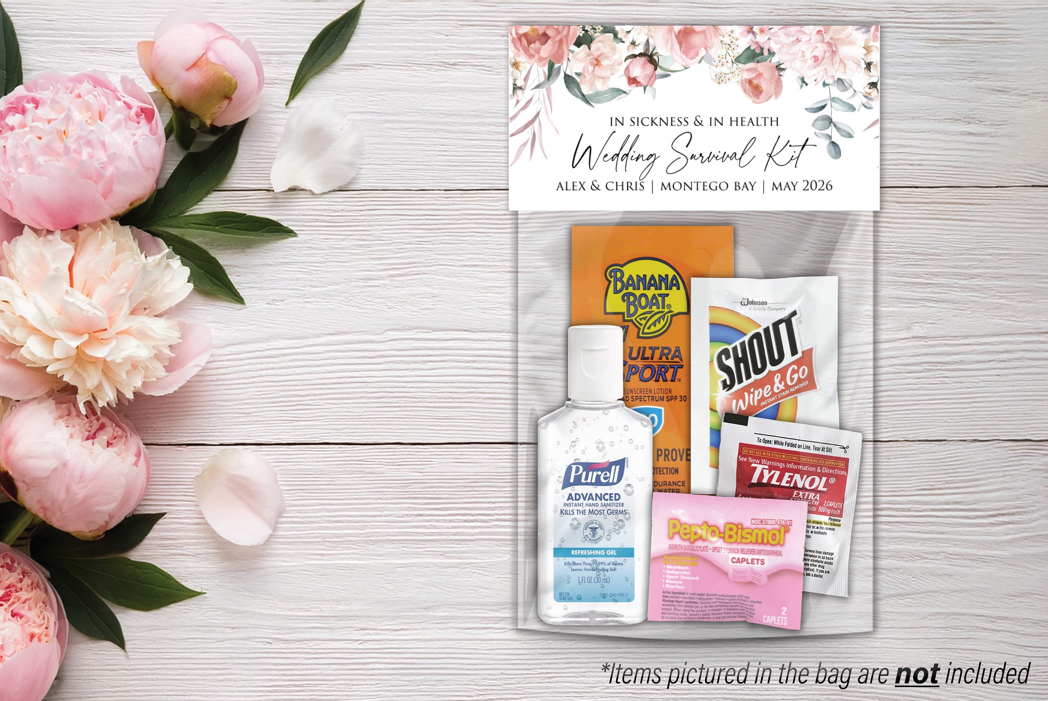 Personalized Wedding Hangover Recovery Kit Bag & Topper - Peonies