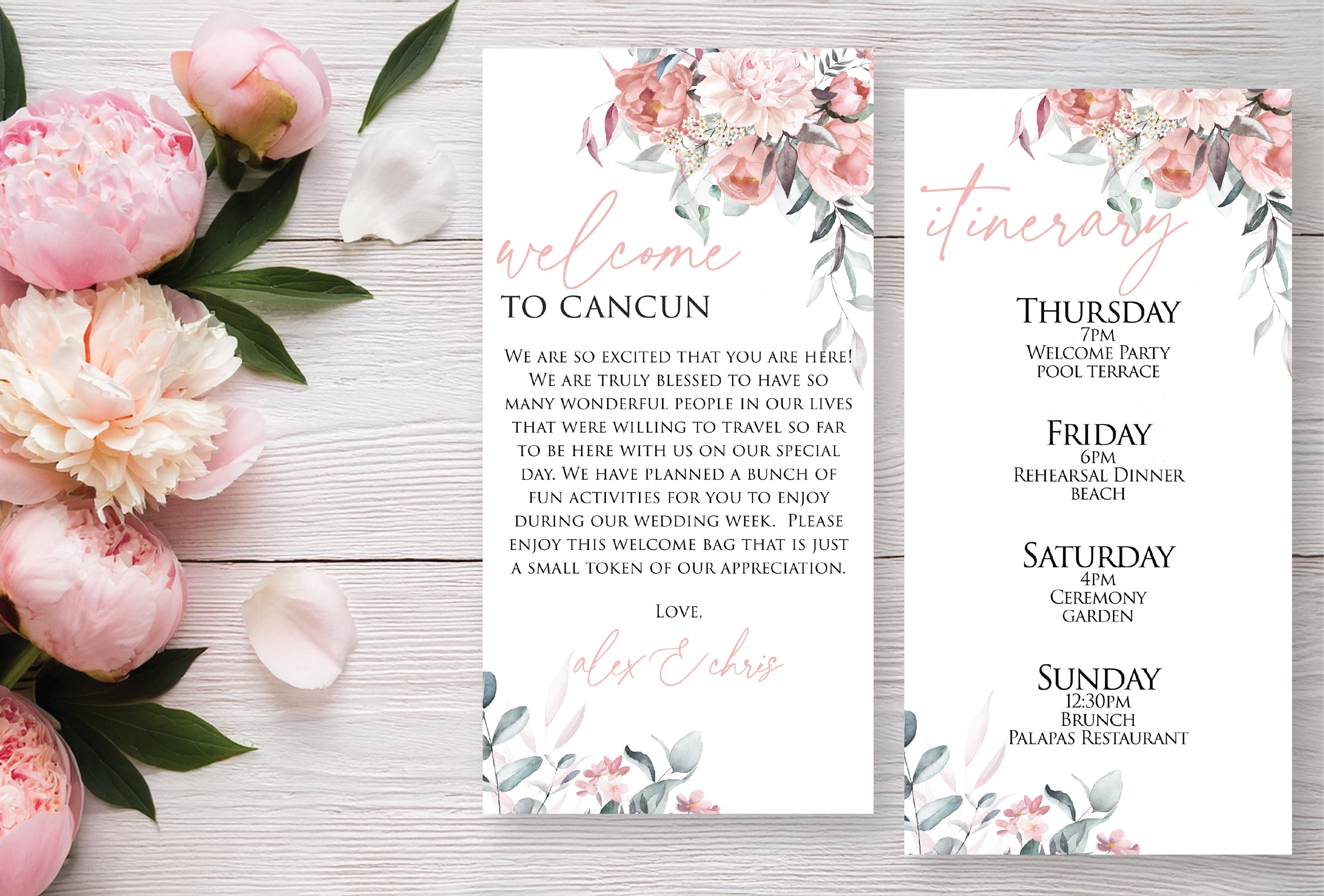 Welcome Letter & Itinerary - Blush Peonies