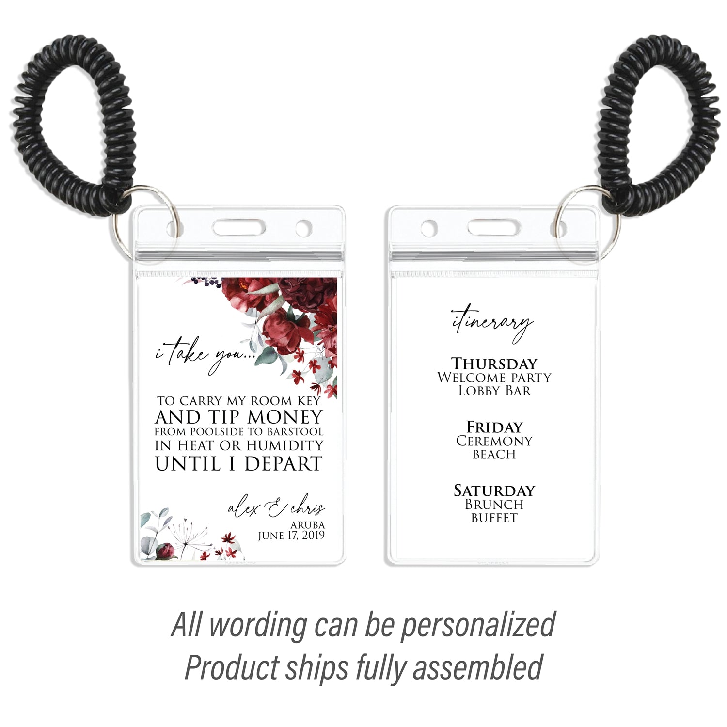 Personalized Destination Wedding Room Key Holder and Itinerary - Peonies