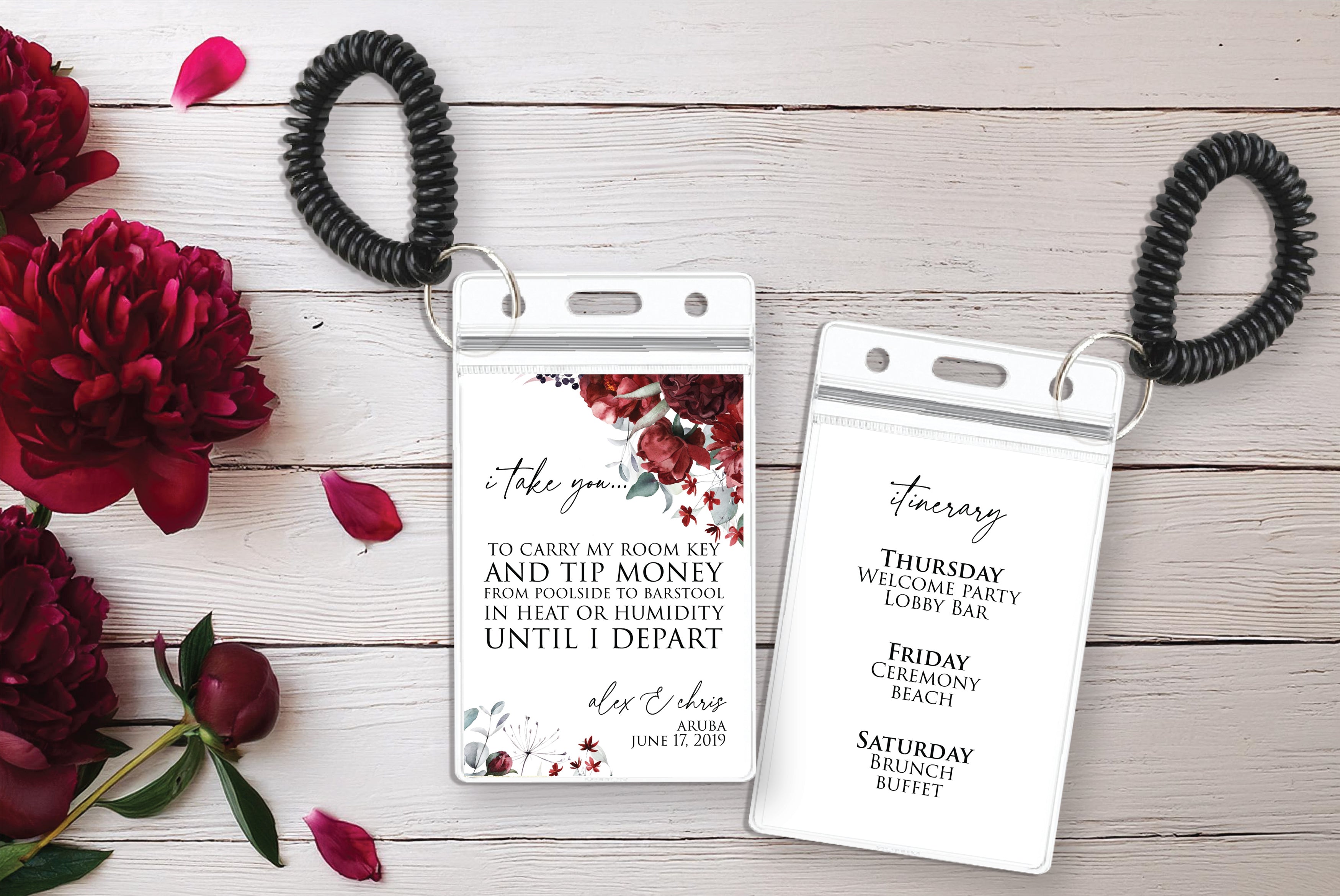 Personalized Destination Wedding Room Key Holder and Itinerary - Peonies