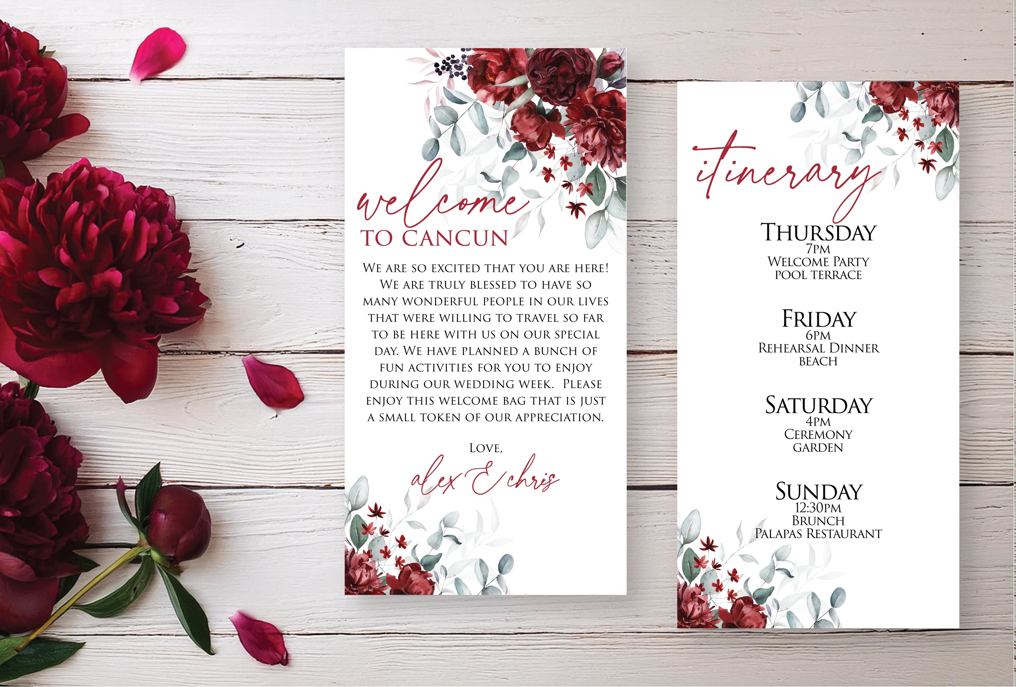 Welcome Letter & Itinerary - Burgundy Peonies