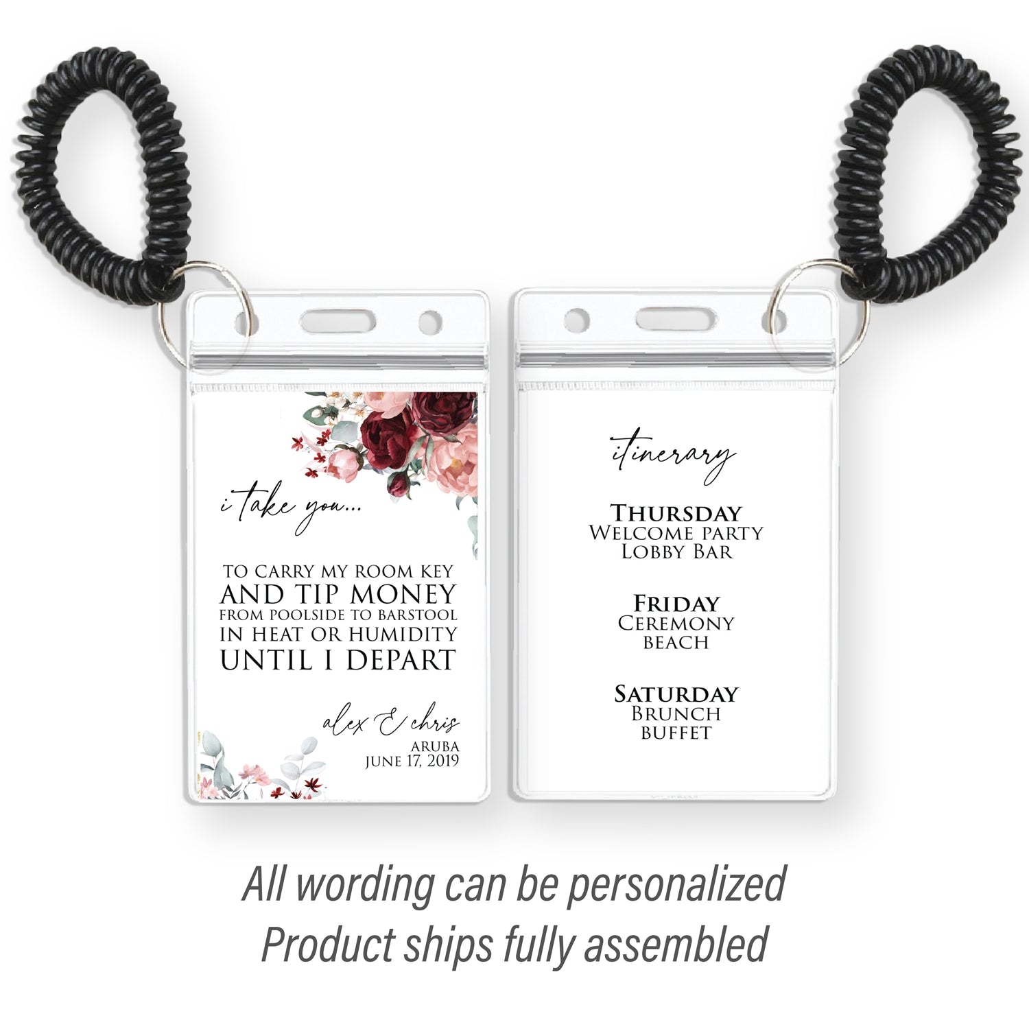 Personalized Destination Wedding Room Key Holder and Itinerary - Peonies