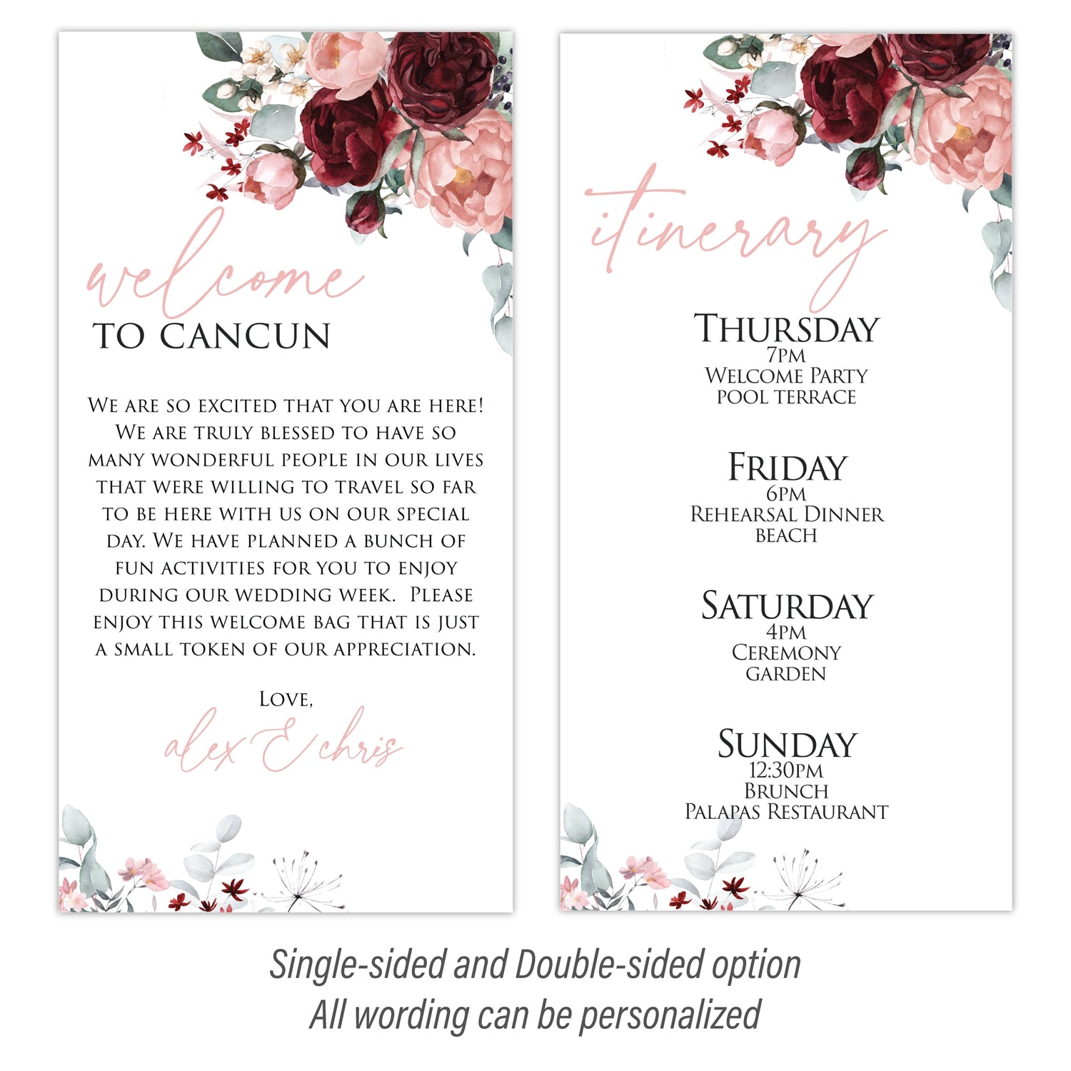 Welcome Letter & Itinerary - Pink & Burgundy  Peonies