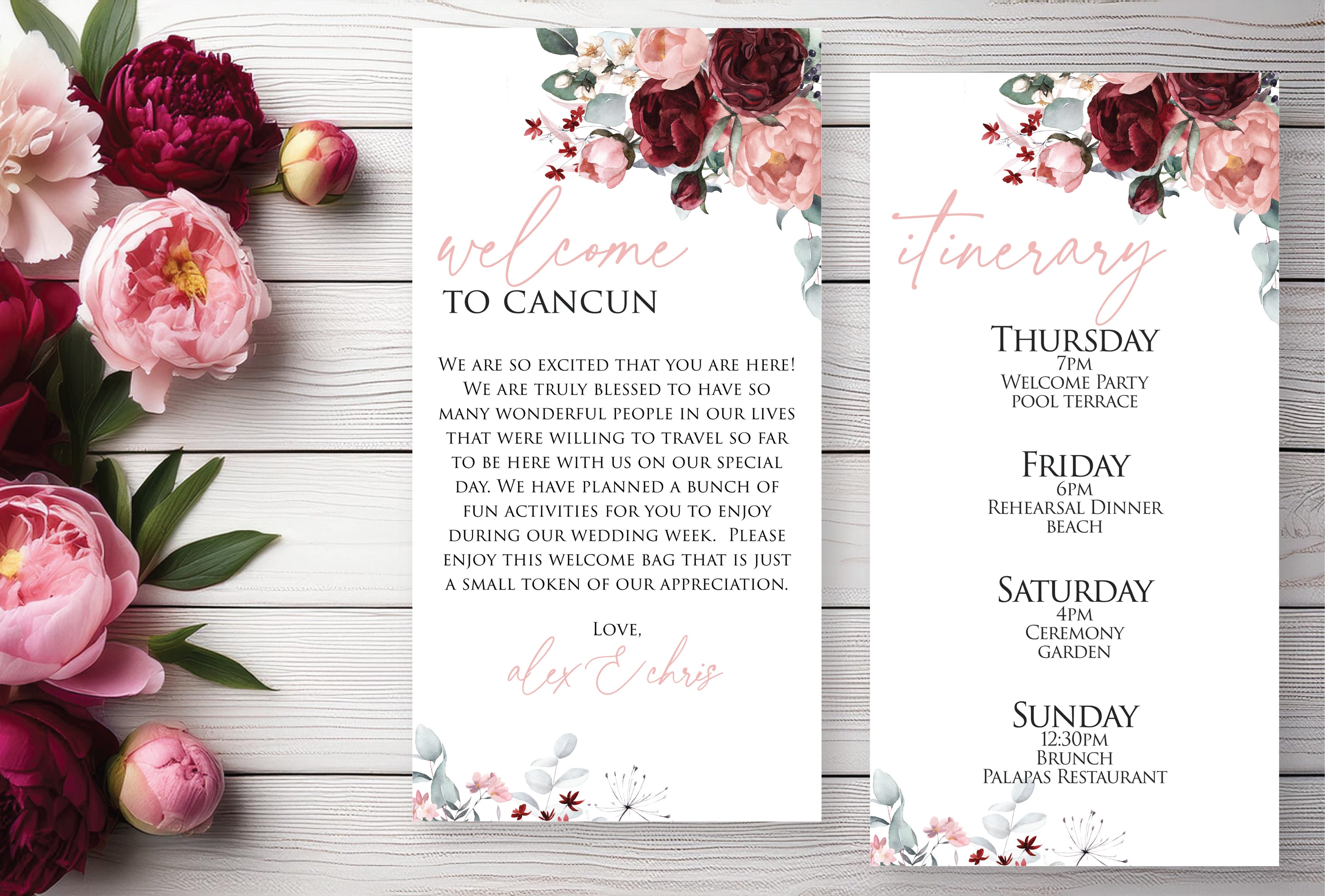 Welcome Letter & Itinerary - Pink & Burgundy Peonies