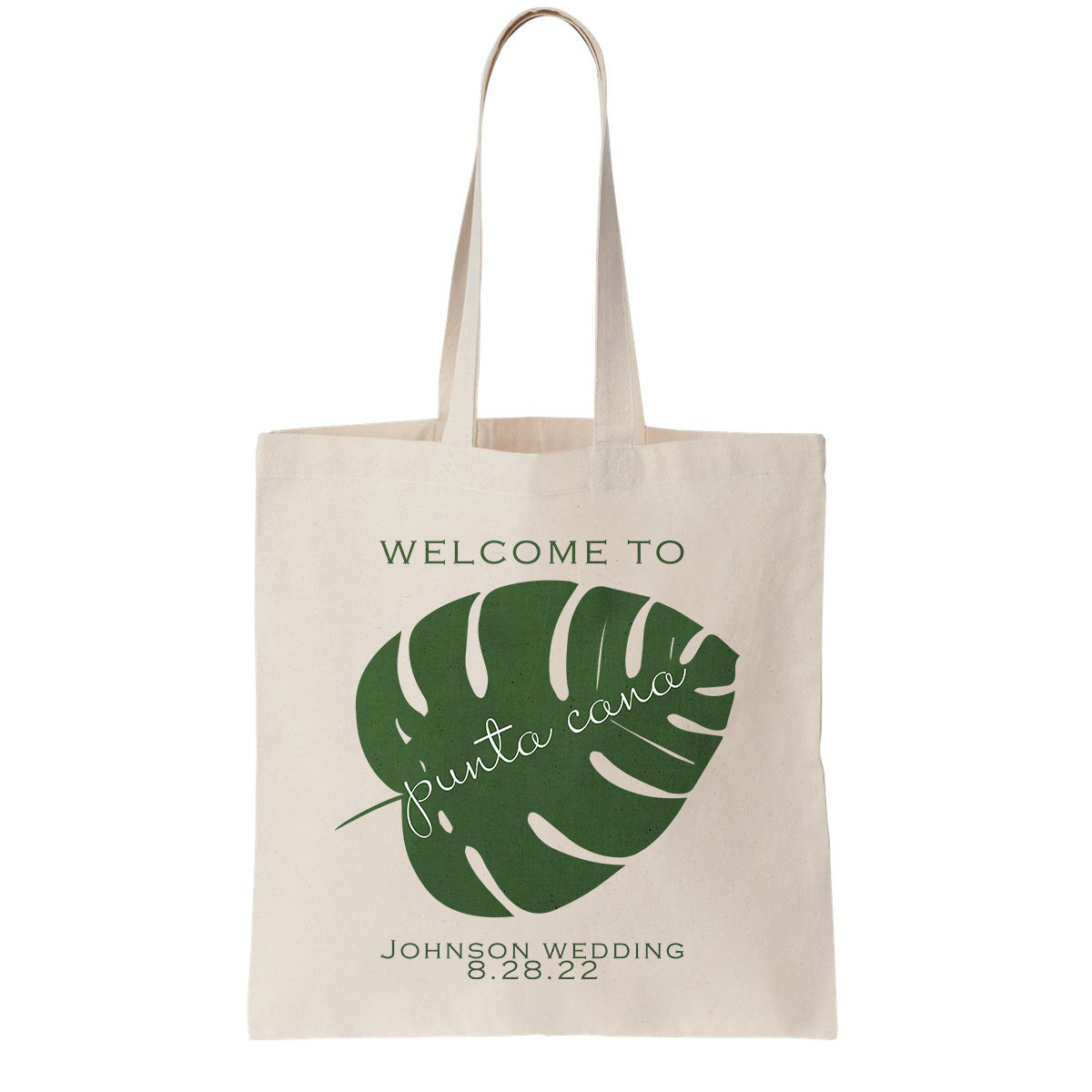 Personalized destination wedding welcome bag with monstera palm