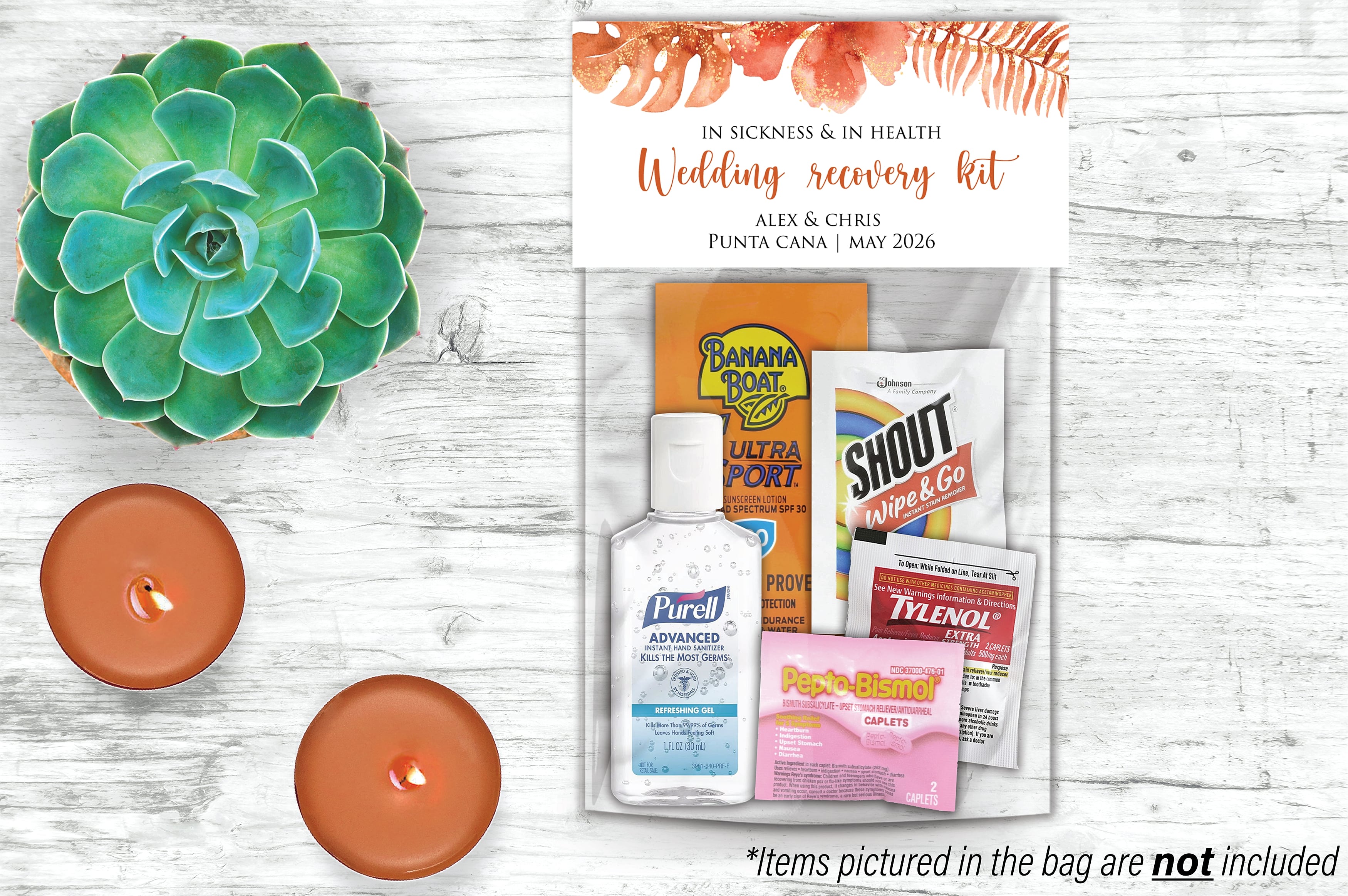 Wedding Hangover Recovery Kit Bags with tropical orange design