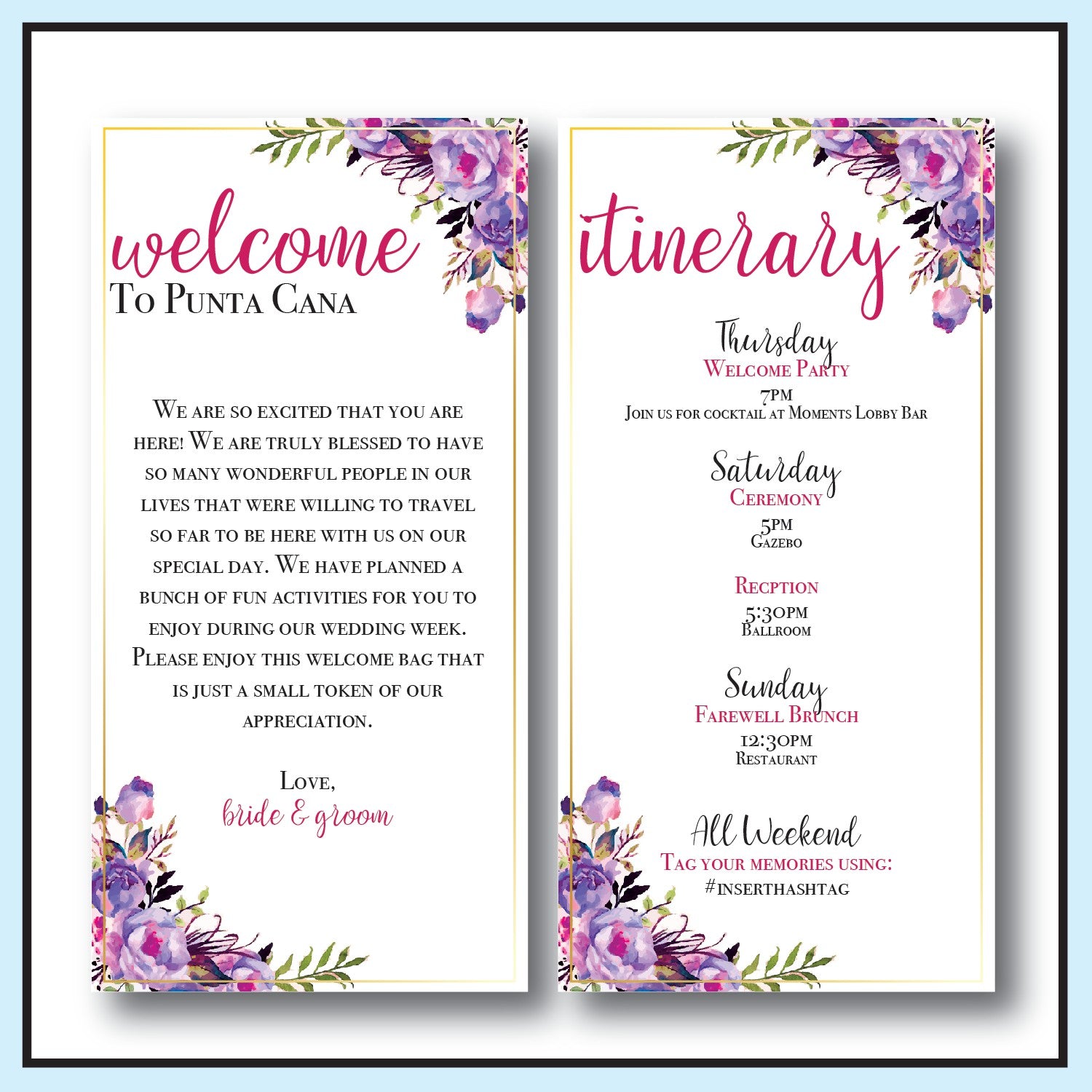 Purple | Destination Wedding Welcome Letter and Itinerary