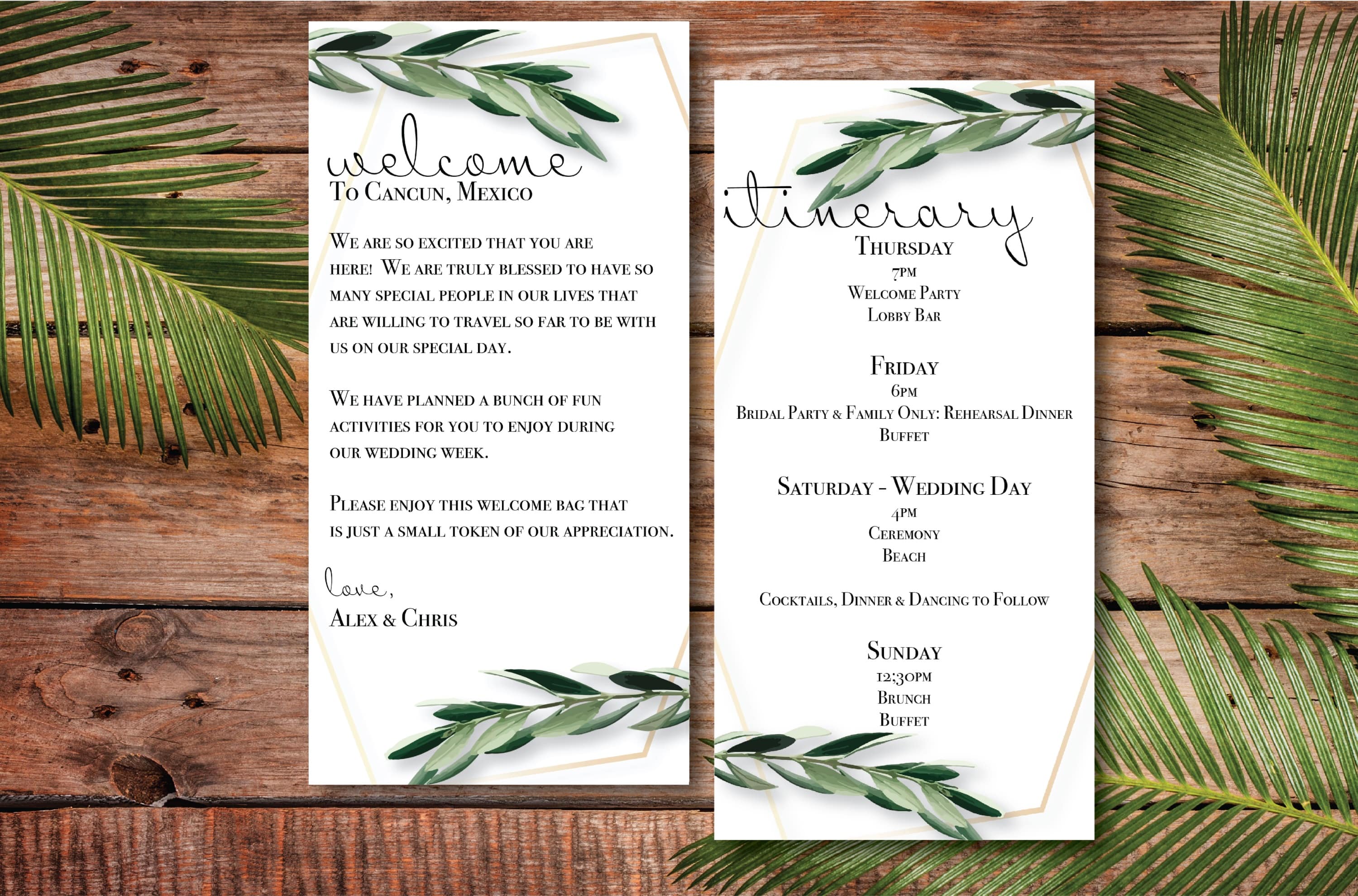 Greenery Destination Wedding Welcome Letter and Itinerary