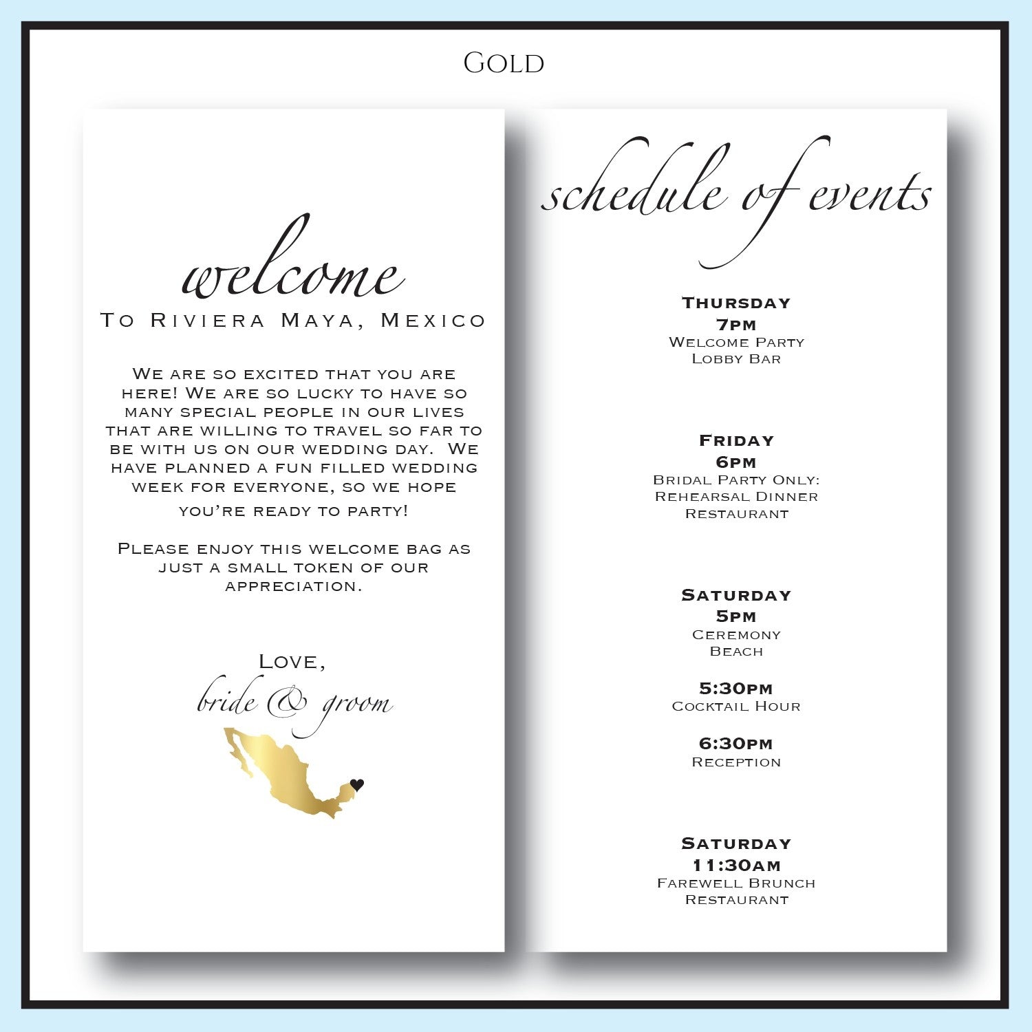 Gold | Destination Wedding Welcome Letter and Itinerary