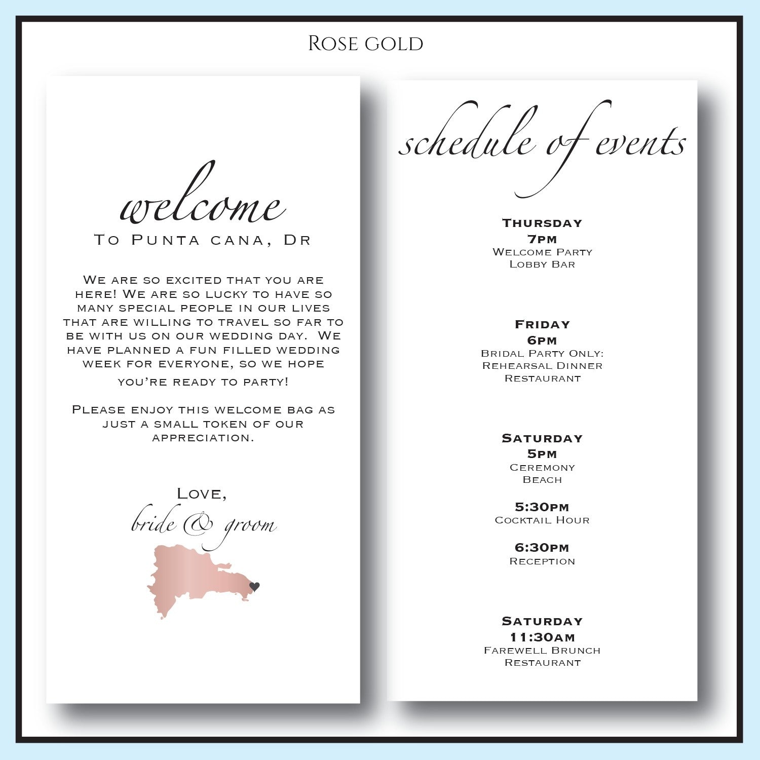 Rose Gold | Destination Wedding Welcome Letter and Itinerary