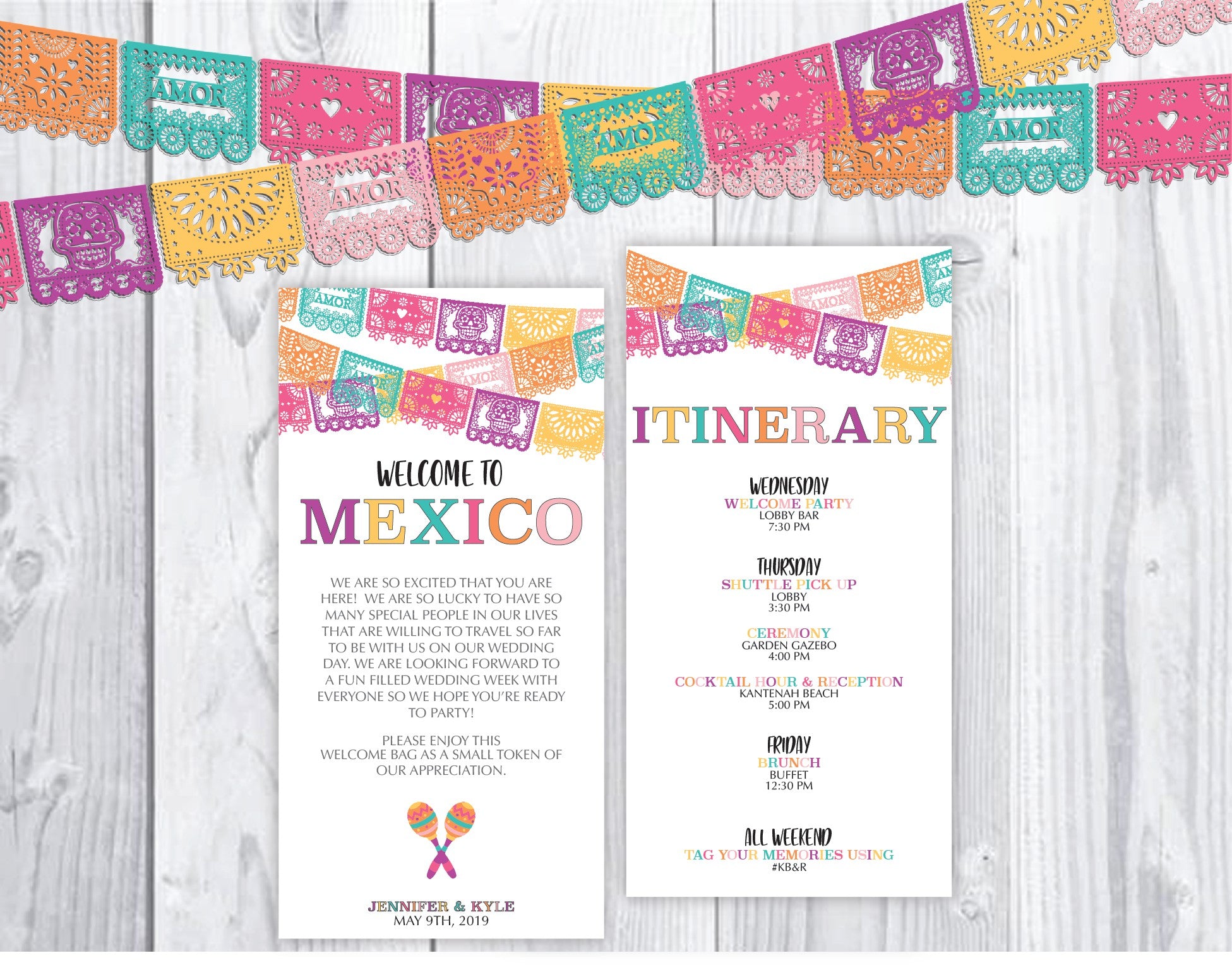 Mexico wedding welcome letter and itinerary cards