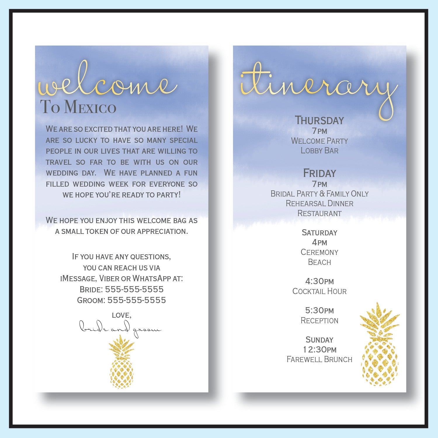 Blue | Pineapple Destination Wedding Welcome Letter & Itinerary