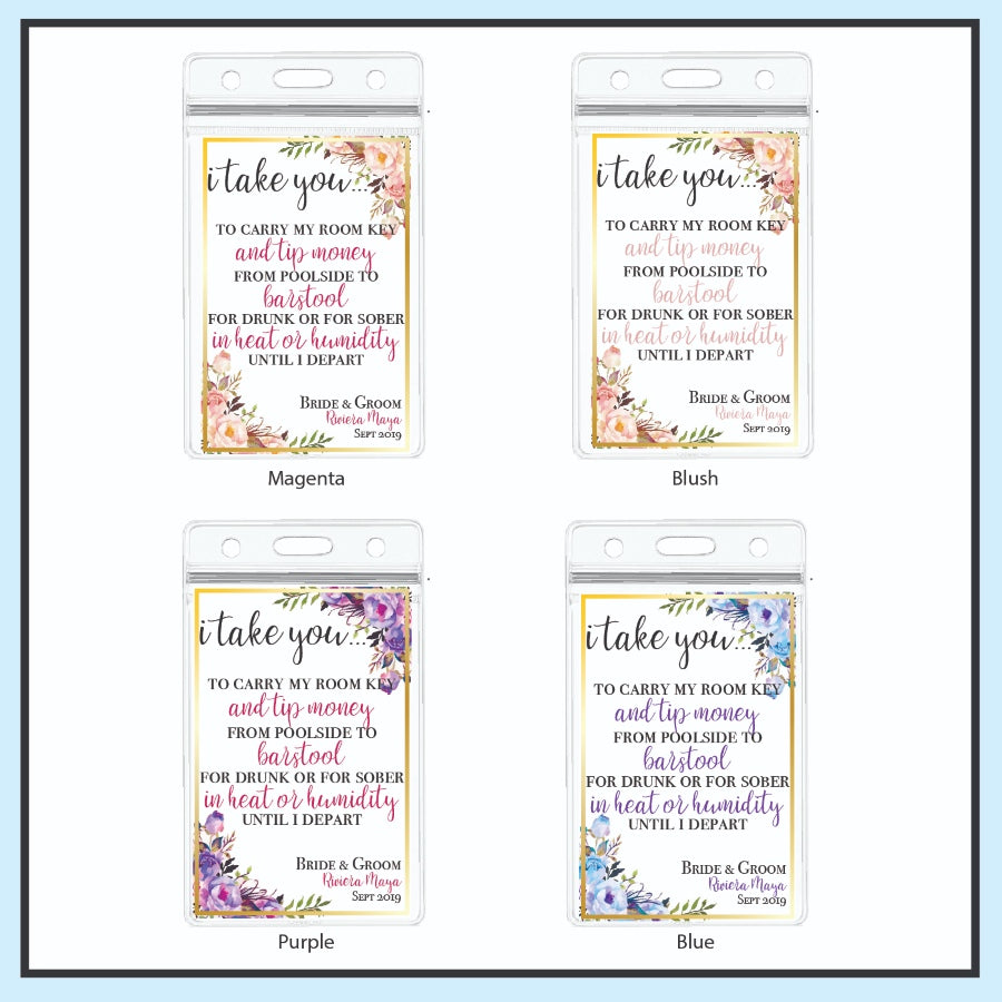Personalized Destination Wedding Room Key Holder and Itinerary - Floral