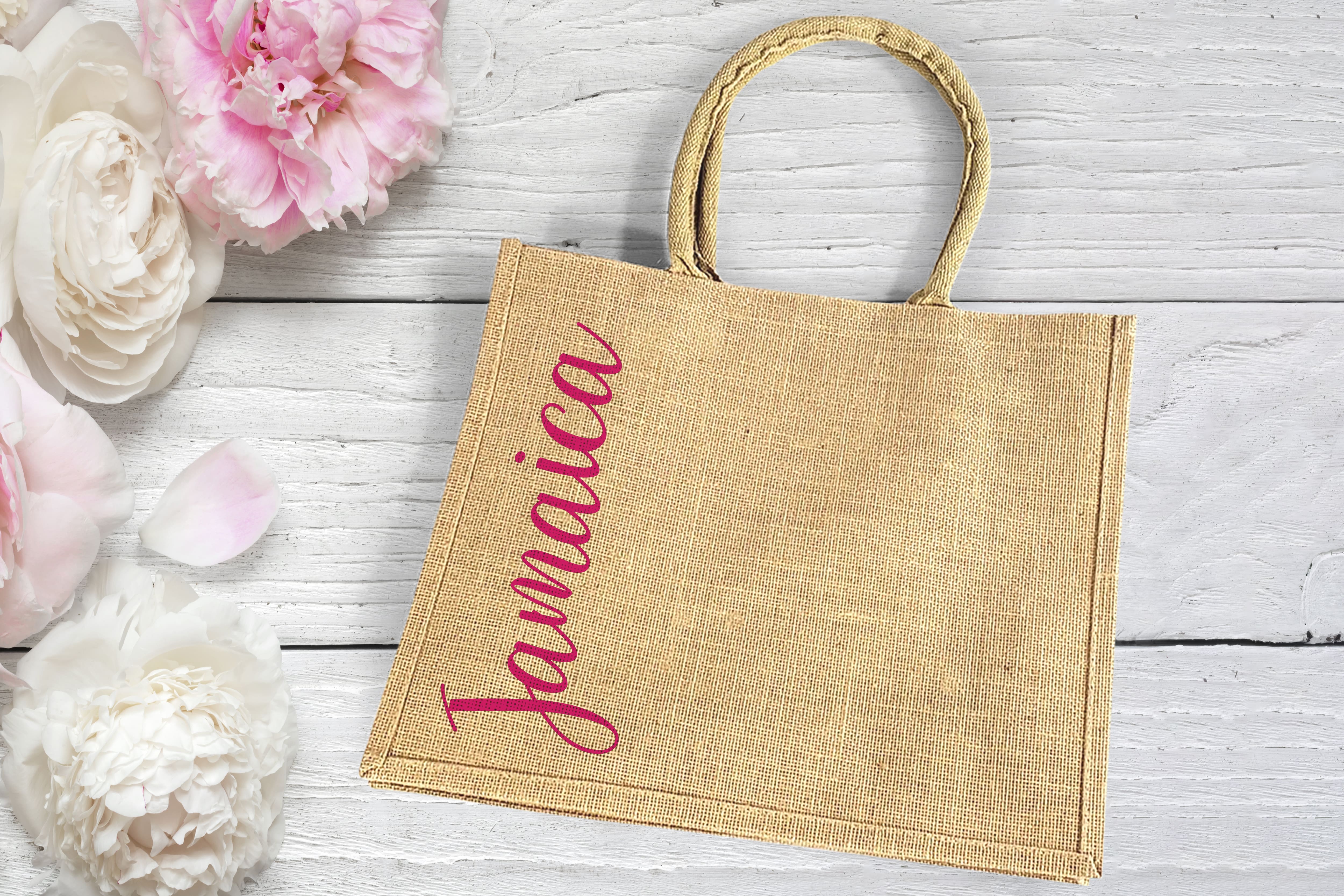 Burlap Destination Wedding Welcome Bag personalized with magenta pink vertical text