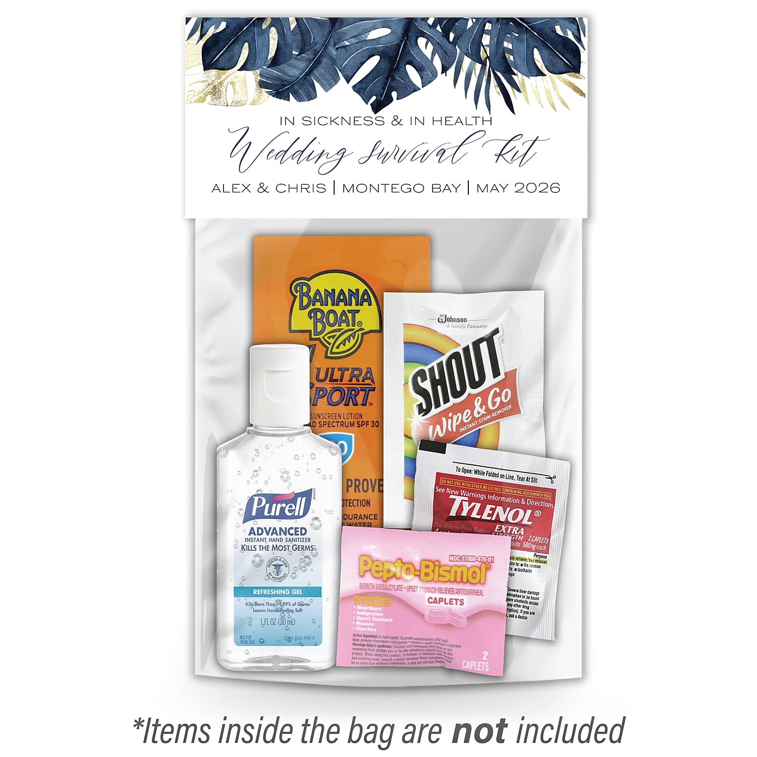 Personalized Wedding Hangover Recovery Kit Bag & Topper - Blue Palms