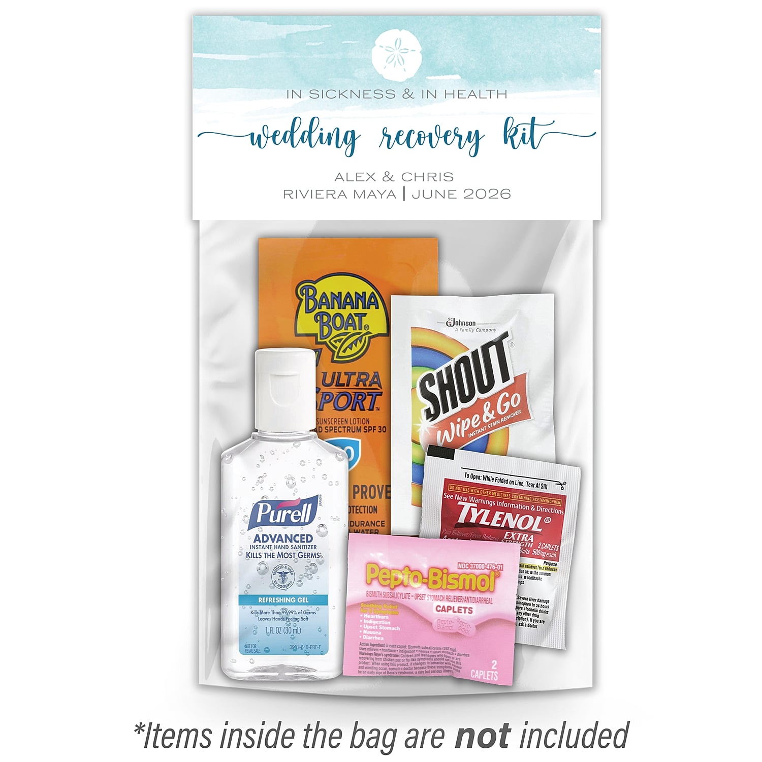 Personalized Wedding Hangover Recovery Kit Bag & Topper - Beach Sand Dollar