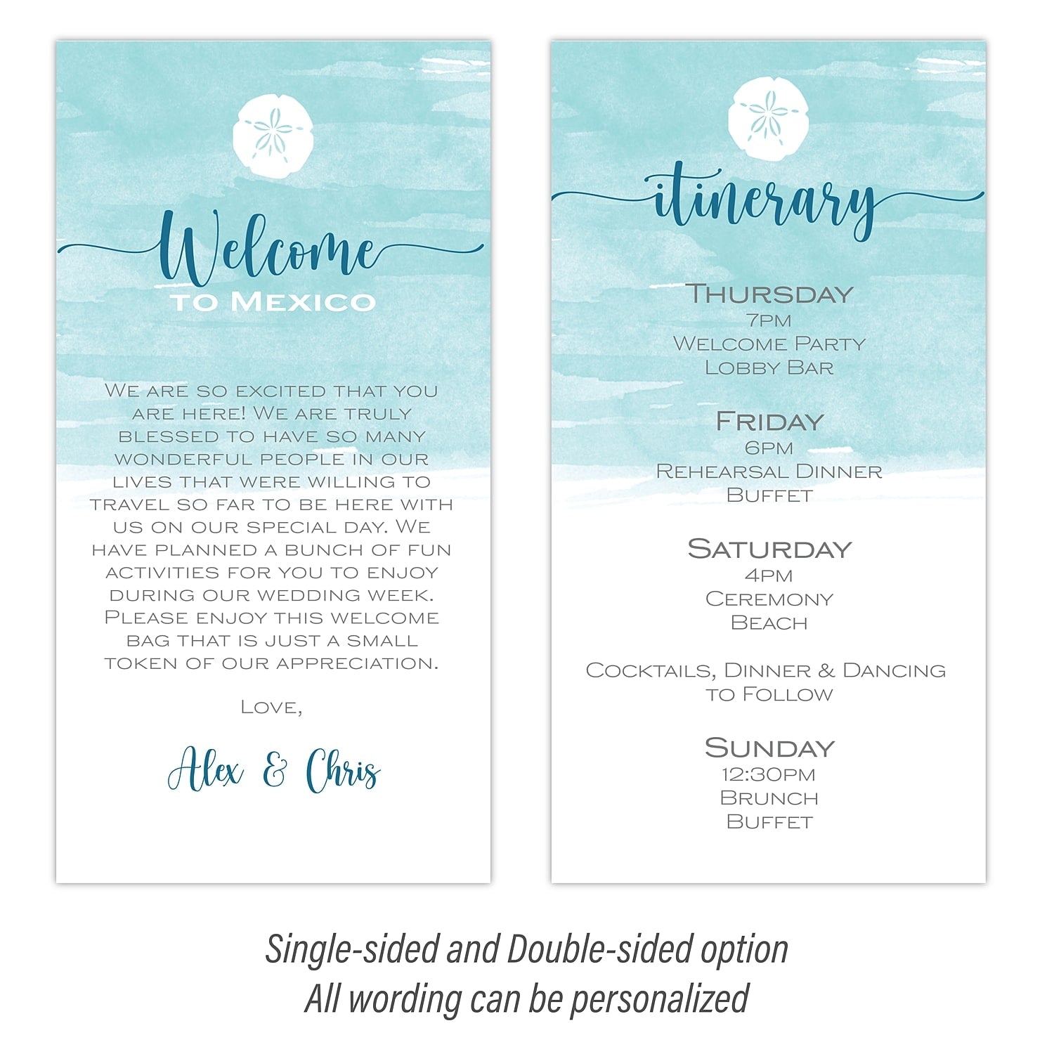 Personalized Wedding Welcome Letter & Itinerary - Beach Sand Dollar