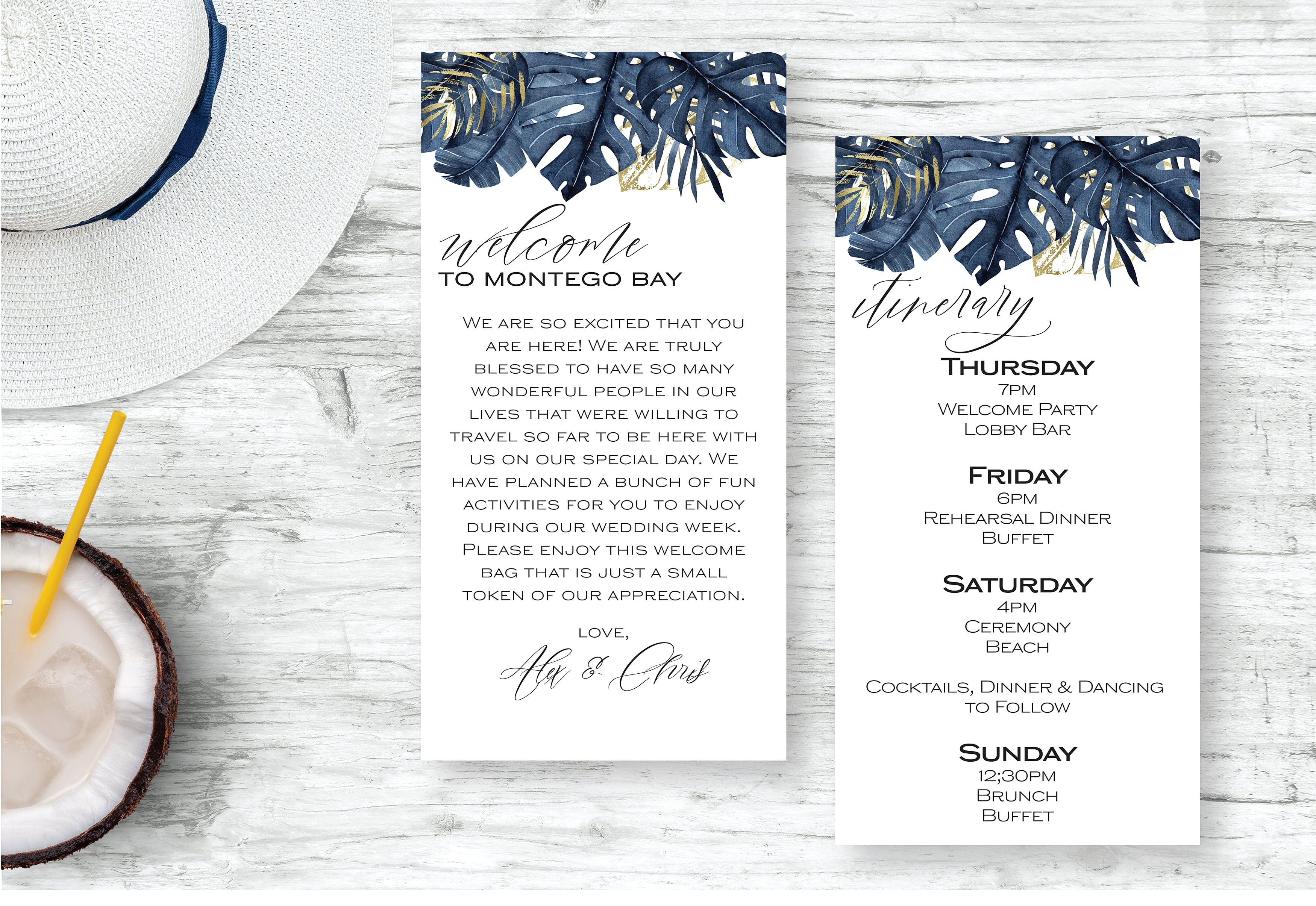 Blue Palm Themed Destination Wedding Welcome Letter & Itinerary