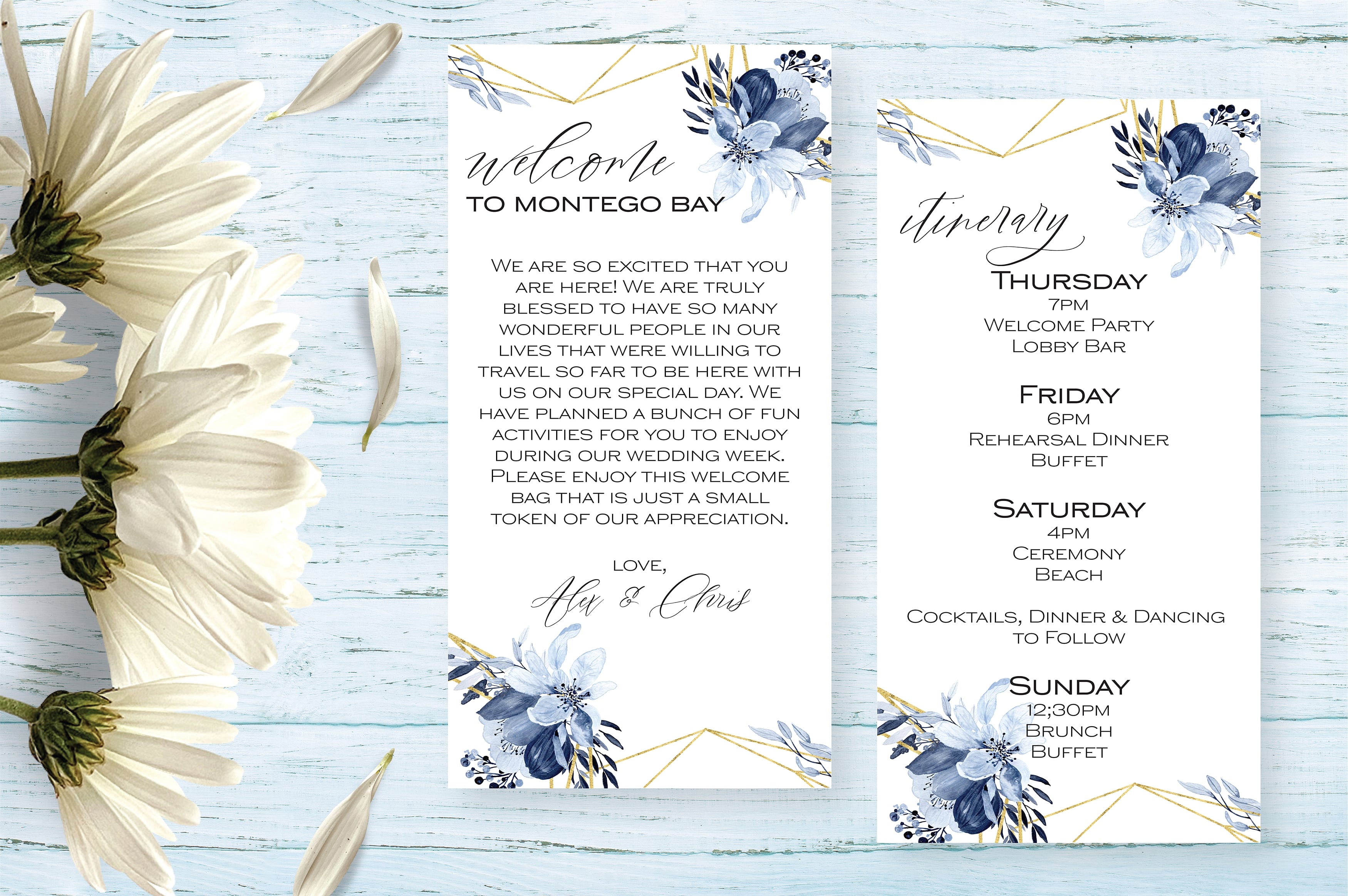 Destination wedding welcome letter and itinerary cards in dusty blue