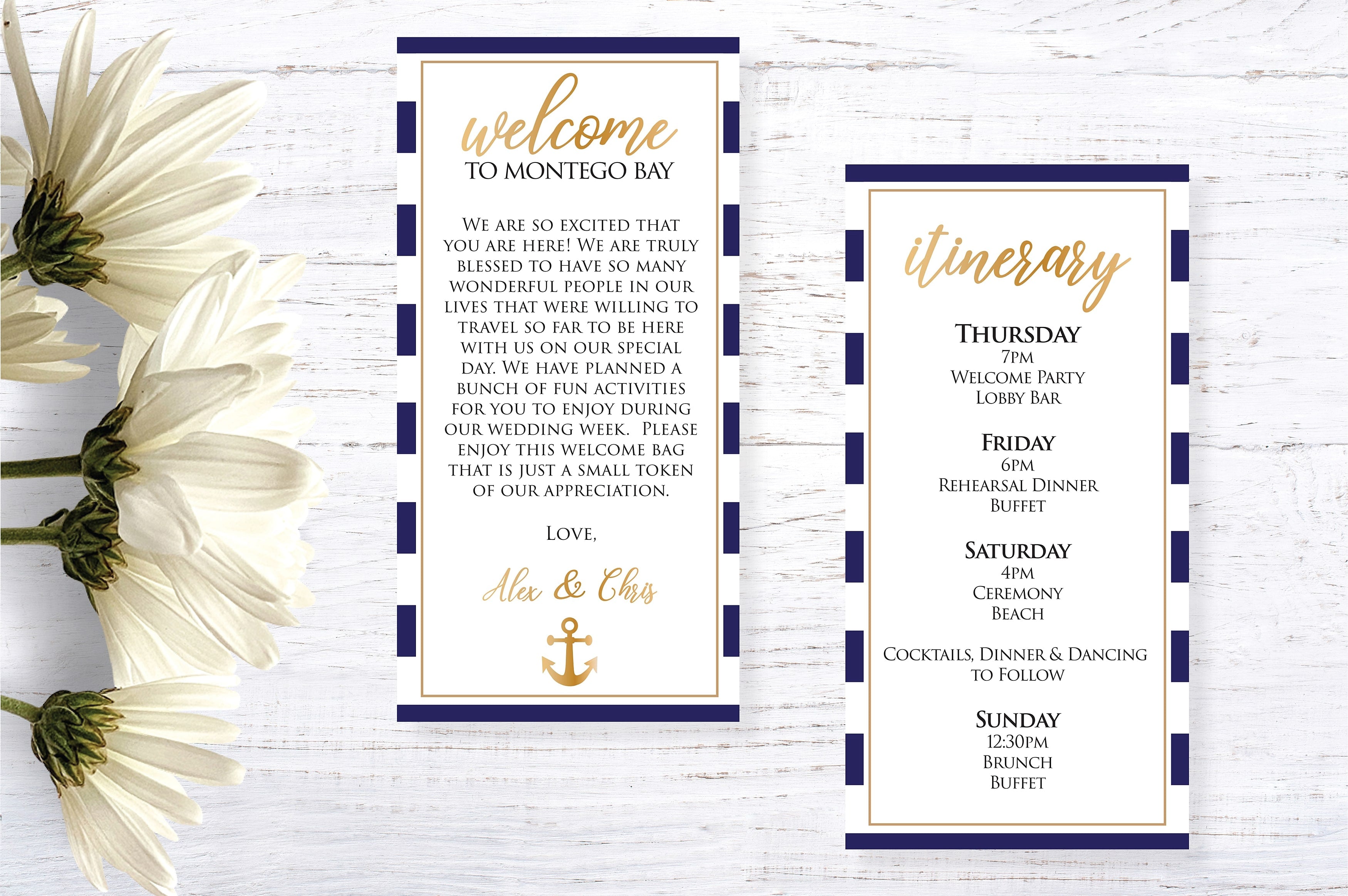 Nautical wedding welcome letter and itinerary cards