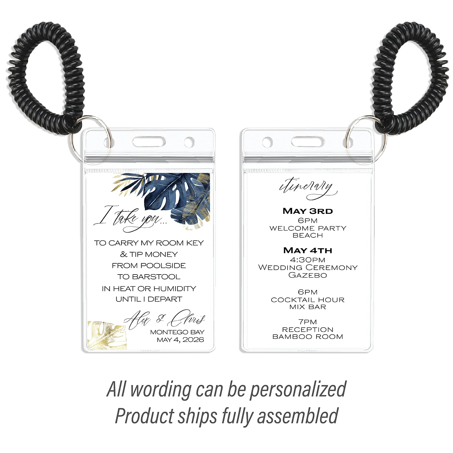 Personalized Destination Wedding Room Key Holder and Itinerary - Blue Palms