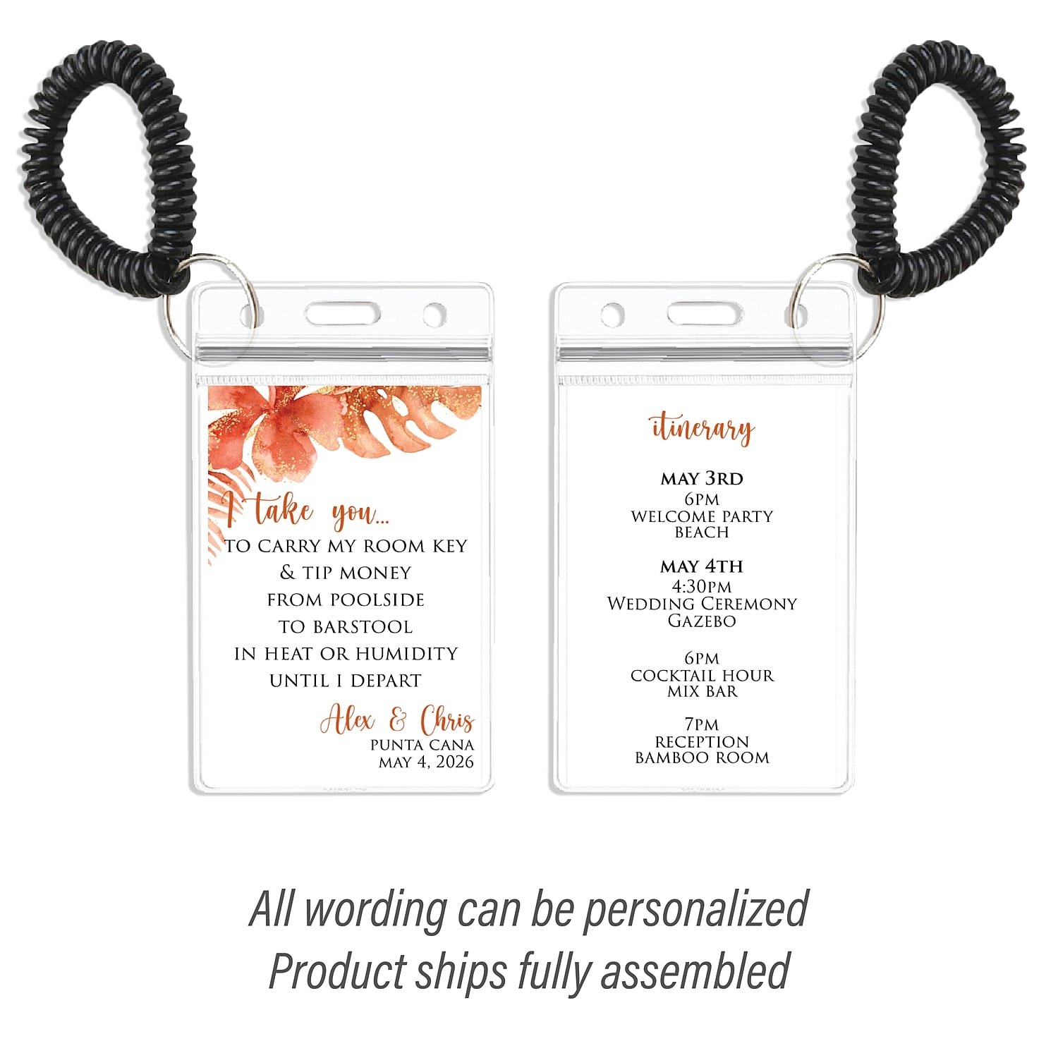 Personalized Destination Wedding Room Key Holder and Itinerary - Tropical Burnt Orange