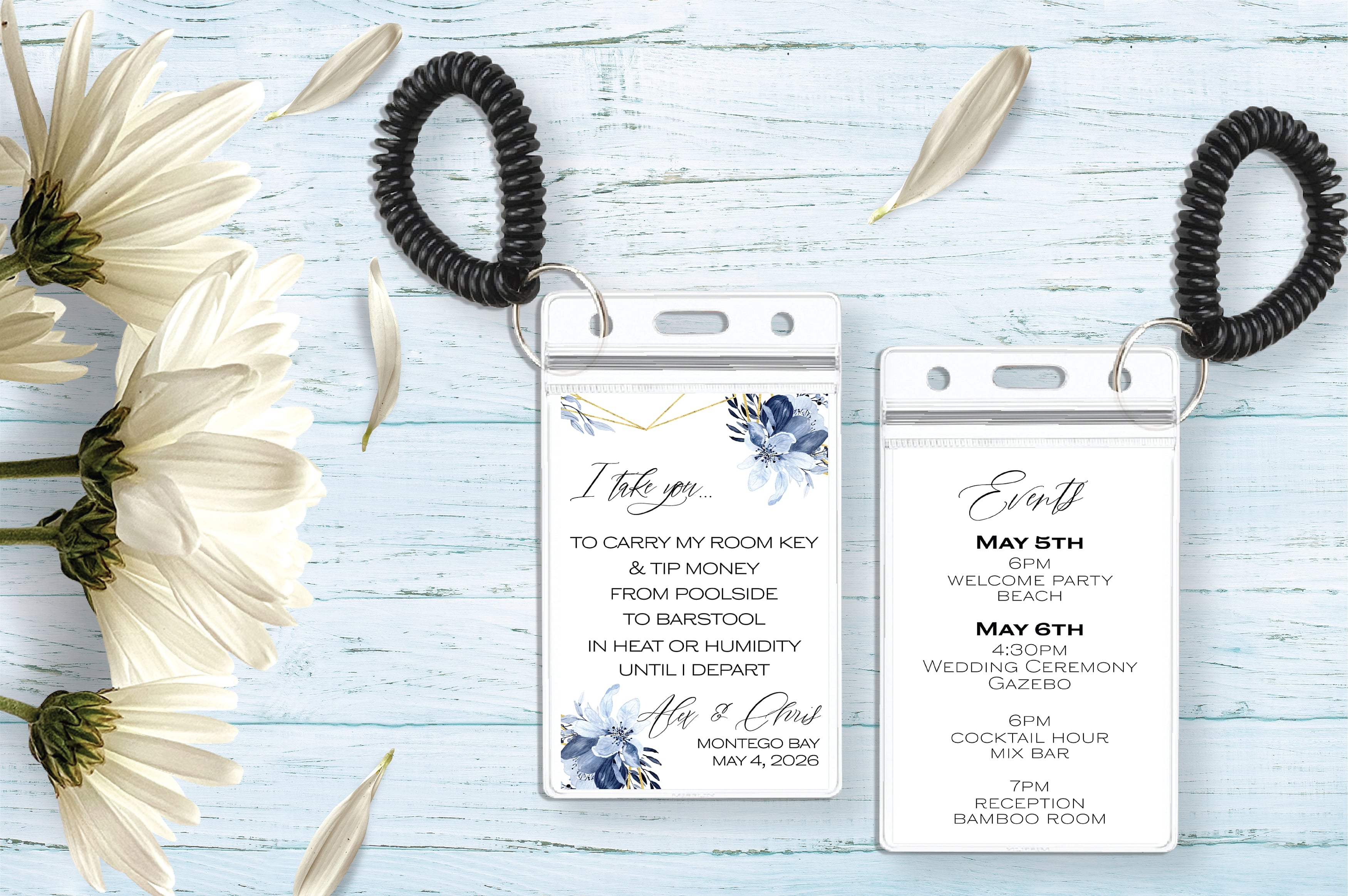 Dusty blue key card holder and itinerary for wedding welcome bags